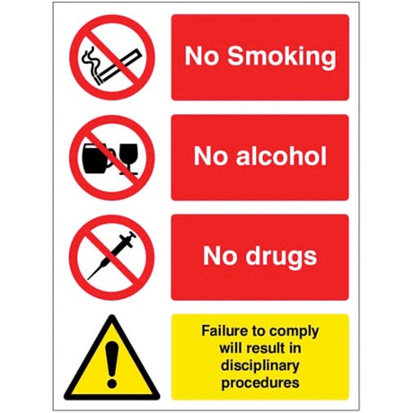 No smoking, alcohol, drugs.  Failure to comply will result in disciplinary procedures