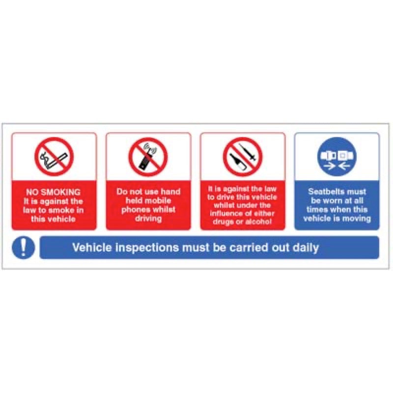 Vehicle sticker - no smoking, mobile phone, drink/drugs - wear seatbelt