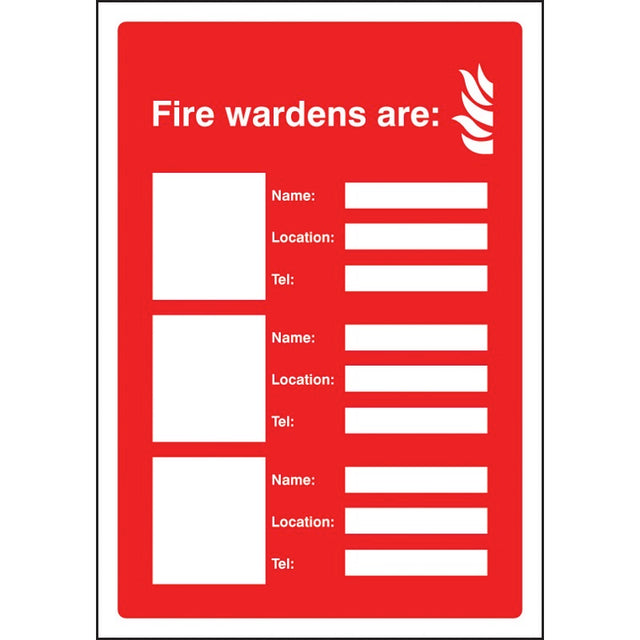 Your fire wardens are (3 names, numbers and locations) adapt-a-sign 215x310mm