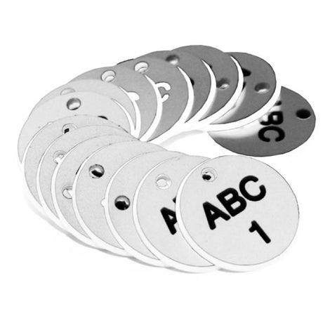 27mm Engraved Valve Tags - 50 sequential numbers - (eg. 1-50) Black text on white