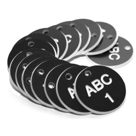 27mm Engraved Valve Tags - 50 sequential numbers - (eg. 1-50) White text on black