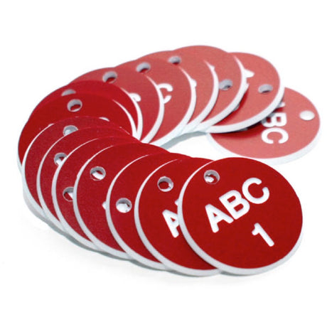 27mm Engraved Valve Tags - 50 sequential numbers - (eg. 1-50) White text on red