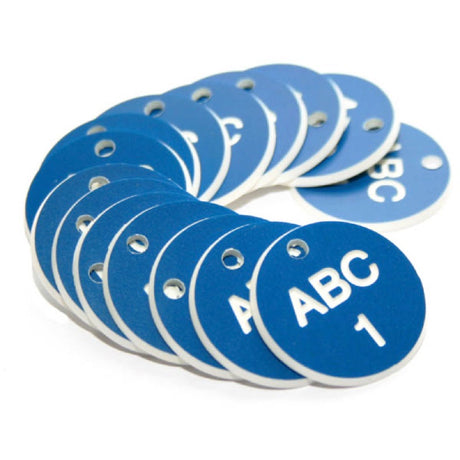 27mm Engraved Valve Tags - 50 sequential numbers - (eg. 1-50) White text on blue