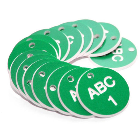 27mm Engraved Valve Tags - 50 sequential numbers - (eg. 1-50) White text on green