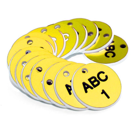 27mm Engraved Valve Tags - 50 sequential numbers - (eg. 1-50) Black text on yellow