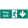 Fire exit double sided with arrow down 1200x400mm 5mm rigid