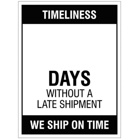 Timeliness â€¦ Days without a late shipment, 300x400mm rigid PVC with wipe clean over laminate