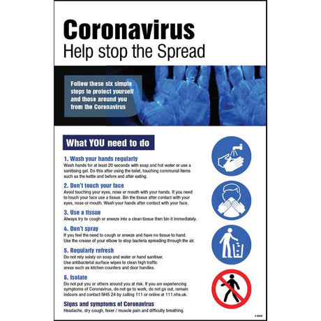 Coronavirus Help stop the Spread poster 420x594mm synthetic paper