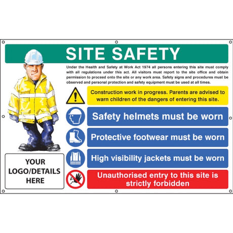 Site safety, helmets, footwear, hi vis, unauthorised entry, custom banner c/w eyelets 1270x810mm