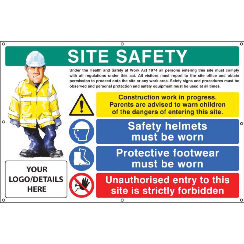 Site safety, helmets, footwear, unauthorised entry custom banner c/w eyelets 1270x810mm