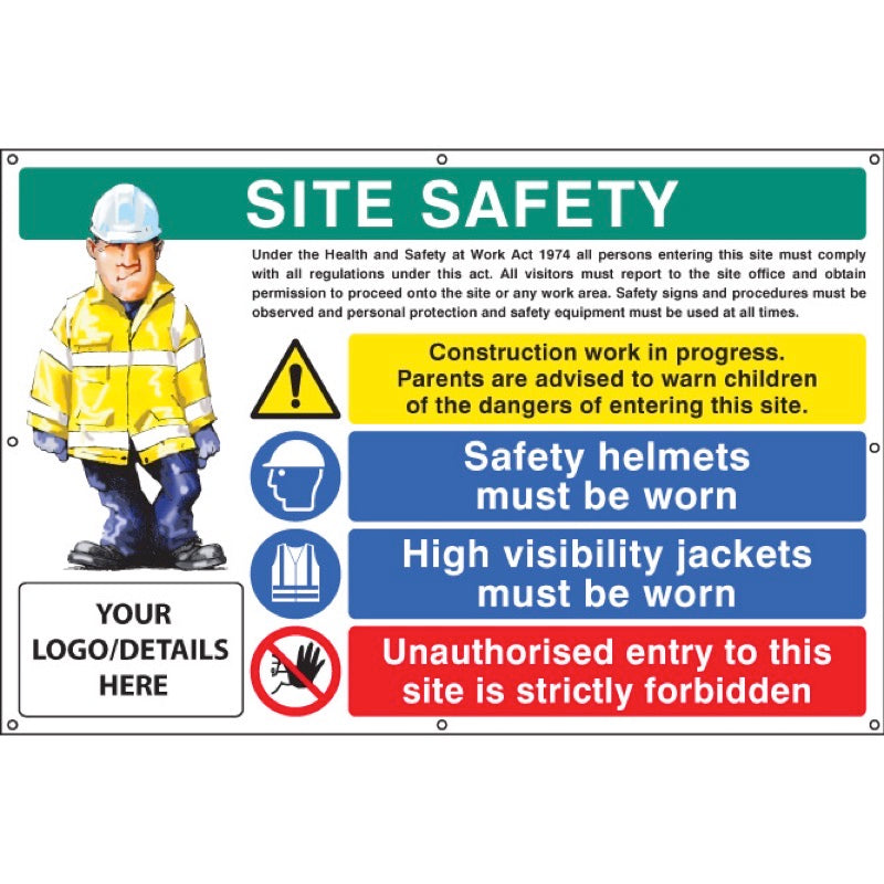 Site safety, helmets, hi-vis, unauthorised entry custom banner c/w eyelets 1270x810mm