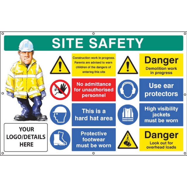 Site safety, multi-message, demolition work, custom banner c/w eyelets 1270x810mm