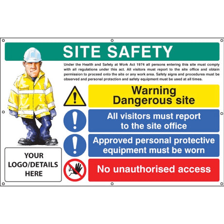 Site safety, dangerous site, visitors, PPE, access, custom banner c/w eyelets 1270x810mm