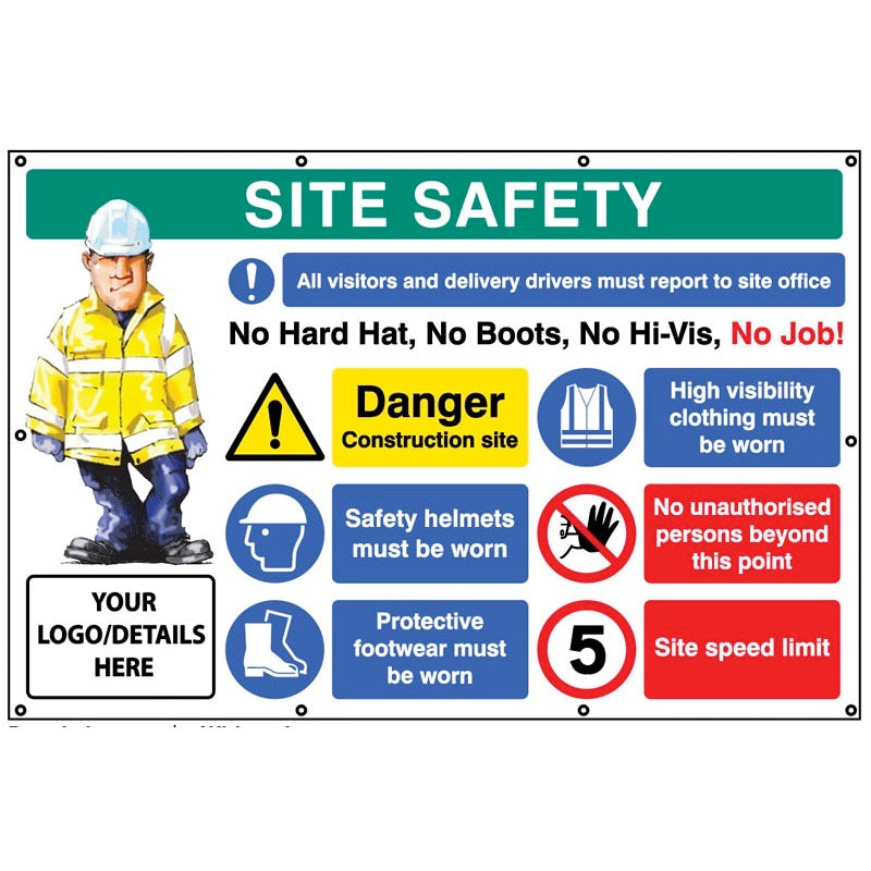 No hat, no boots, no hi-vis, no job. 5mph, custom banner c/w eyelets 1270x810mm