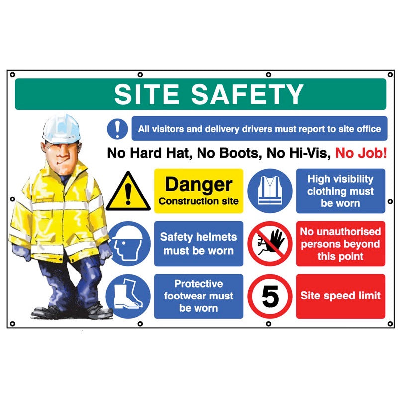 No hat, no boots, no hi-vis, no job. 5mph, banner c/w eyelets 2440x1270mm