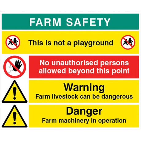 No unauthorised persons, Warning livestock can be dangerous, danger farm machinery in operation, This is not a playground