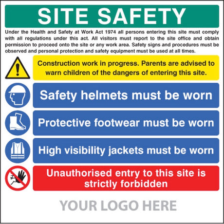 Site safety board, helmets, footwear, hi vis, unauthorised entry, site saver sign 1220x1220mm