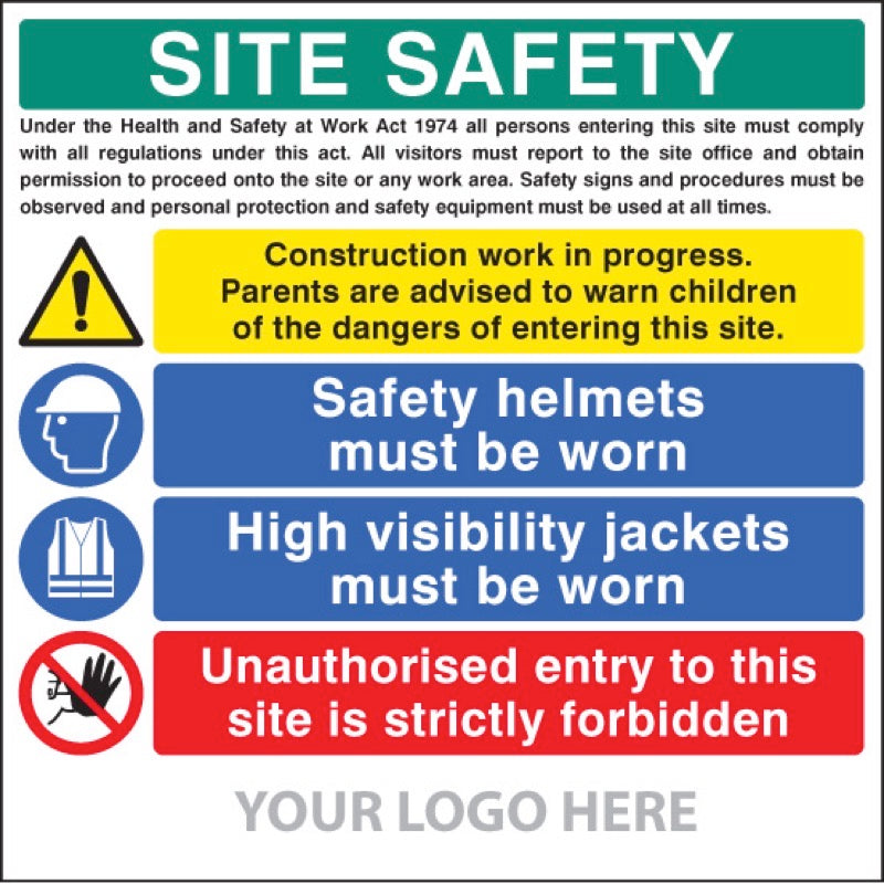 Site safety board, helmets, hi-vis, unauthorised entry site saver sign 1220x1220mm