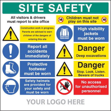 Site safety board, multi-message, deep excavations, site saver sign 1220x1220mm