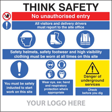 Site safety board, multi-message, underground services, builder signs 1220x1220mm