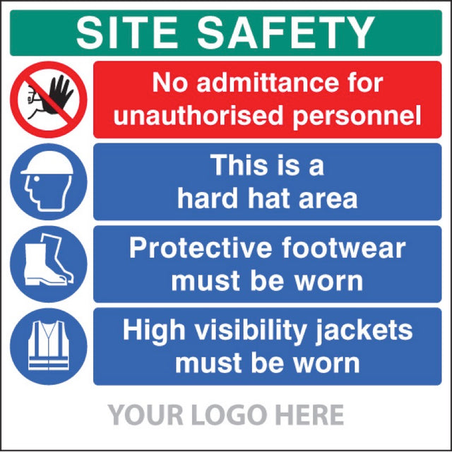 Site safety board, no admittance, hard hat, footwear, hivis,  site saver sign 1220x1220mm