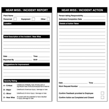 Near miss double sided report/action safety tags 80x150mm (pack of 10)