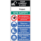 Site safety board 600x1200mm 5mm pvc c/w logo and project