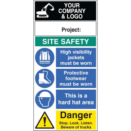 Site safety board 600x1200mm 5mm pvc c/w logo and project