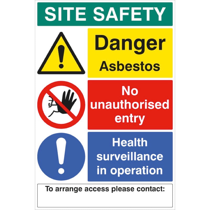 Site safety board asbestos 600x900mm c/w contact details 1mm PVC