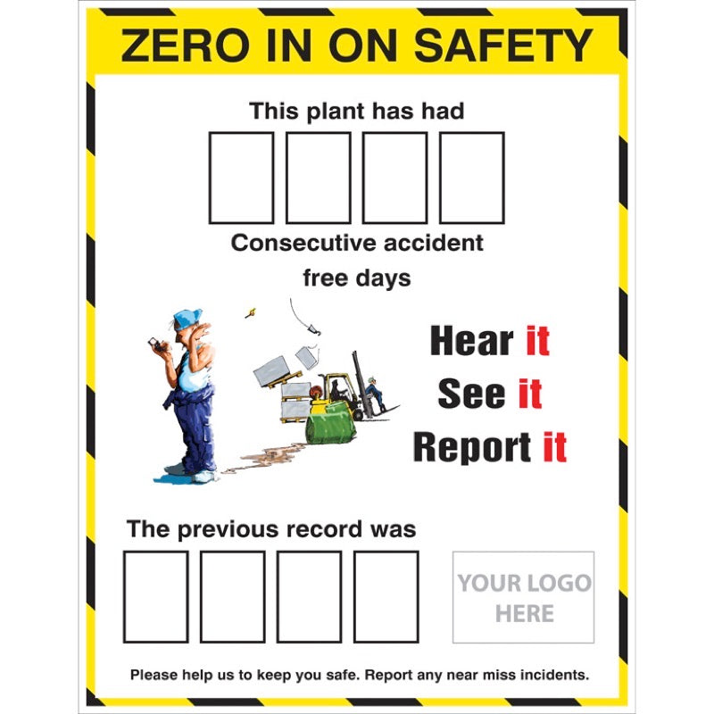 Zero in on safety accident board with 2 sets of numbers c/w logo 700x900