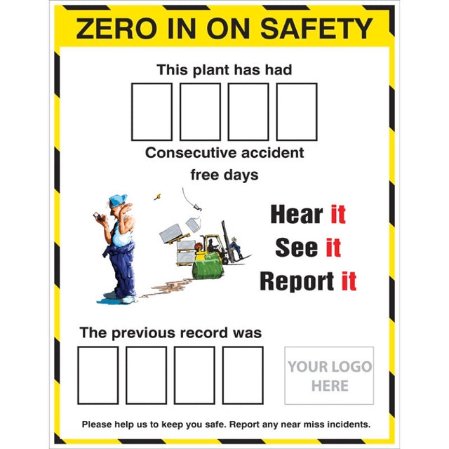 Zero in on safety accident board with 2 sets of numbers c/w logo 700x900