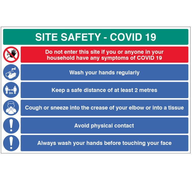 Site Safety COVID19  - wash hands, 2metre policy, use tissues, avoid physical contact - 4mm fluted  900x600mm