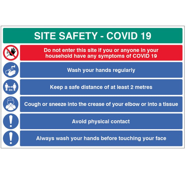 Site Safety COVID19  - wash hands, 2metre policy, use tissues, avoid physical contact - 4mm fluted  900x600mm