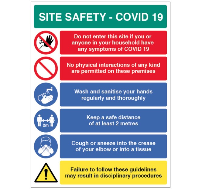 Site Safety COVID19 - no physical interactions, wash hands, 2 metre policy, use tissues - 4mm fluted   450x600mm