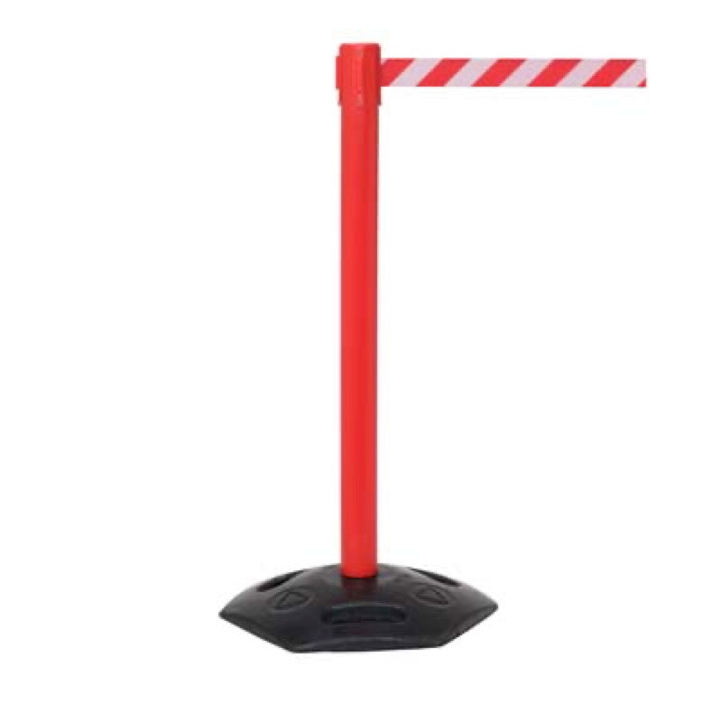 Retractable industrial barrier on red post (3.4m red/white webbing) 1015mm high post