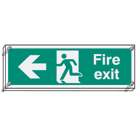 Fire exit left visual impact 5mm acrylic sign 450x150mm c/w stand off locators