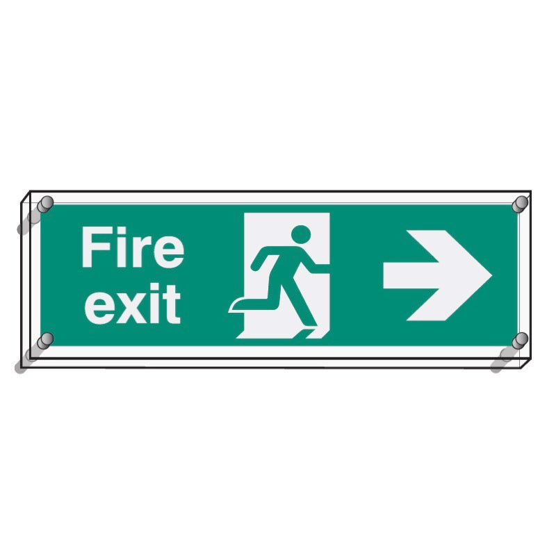 Fire exit right visual impact 5mm acrylic sign 450x150mm c/w stand off locators