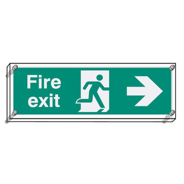 Fire exit right visual impact 5mm acrylic sign 450x150mm c/w stand off locators