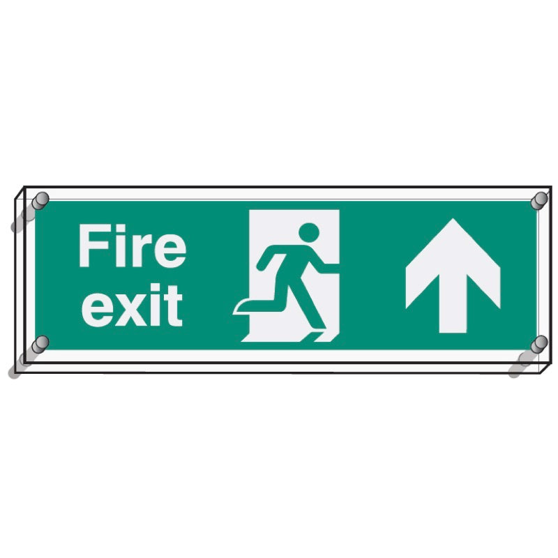 Fire exit straight on visual impact 5mm acrylic sign 450x150mm c/w stand off locators