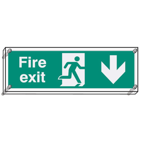 Fire exit down visual impact 5mm acrylic sign 450x150mm c/w stand off locators