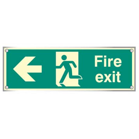 Fire exit left visual impact 5mm acrylic photoluminescent sign 450x150mm c/w stand off locators