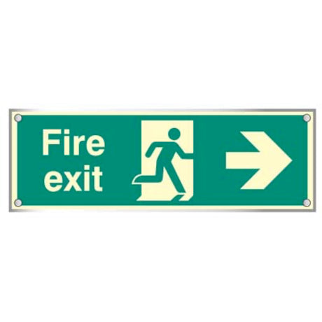 Fire exit right visual impact 5mm acrylic  photoluminescent sign 450x150mm c/w stand off locators