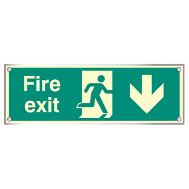 Fire exit down visual impact 5mm  photoluminescent acrylic sign 450x150mm c/w stand off locators