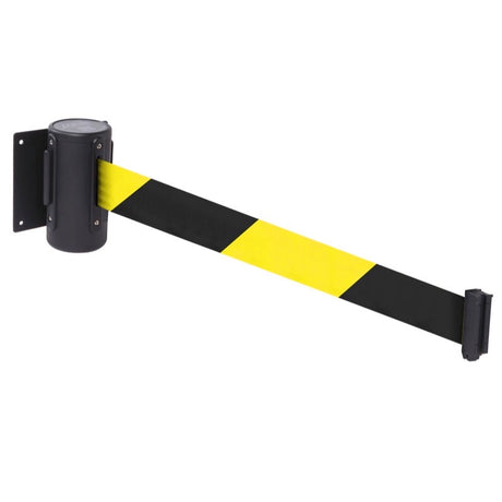 Wall mounted retractable barrier 4.6m yel/blk webbing 50mm wide c/w screw in wall clip