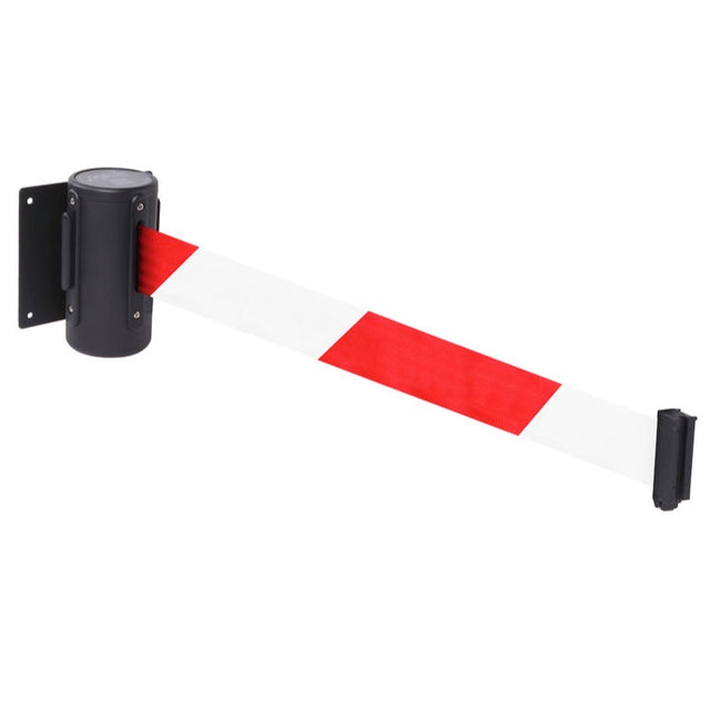 Wall mounted retractable barrier 4.6m red/white webbing 50mm wide c/w screw in wall clip