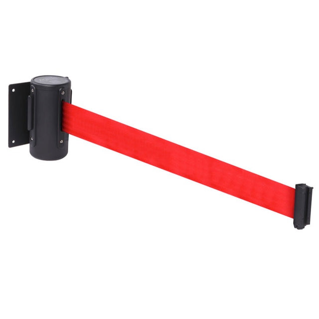 Wall mounted retractable barrier 4.6m red webbing 50mm wide c/w screw in wall clip