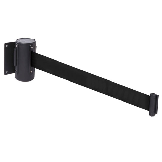 Wall mounted retractable barrier 4.6m black webbing 50mm wide c/w screw in wall clip