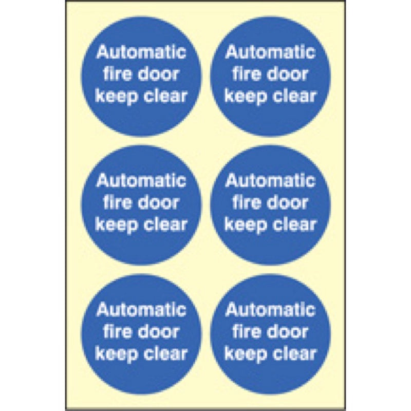 Automatic fire door keep clear  65mm dia - sheet of 6 photoluminescent