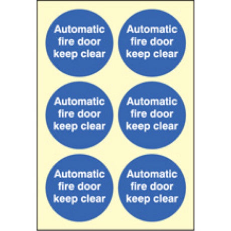 Automatic fire door keep clear  65mm dia - sheet of 6 photoluminescent