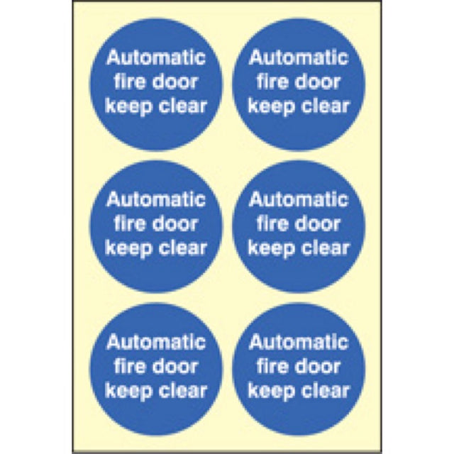 Automatic fire door keep clear  65mm dia - sheet of 6 photoluminescent